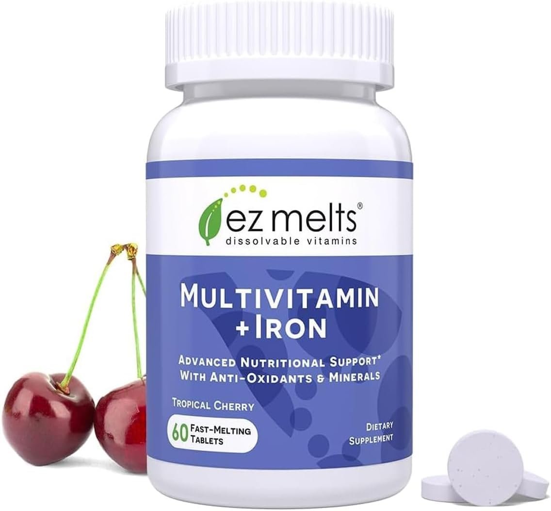 EZ Melts Multivitamin + Iron – Daily Multivitamin for Women & Men – Supports Healthy Energy Levels & Antioxidant Protection – Non-GMO & Vegan – Tropical Cherry – 60 Dissolvable Tablets (30 Servings)