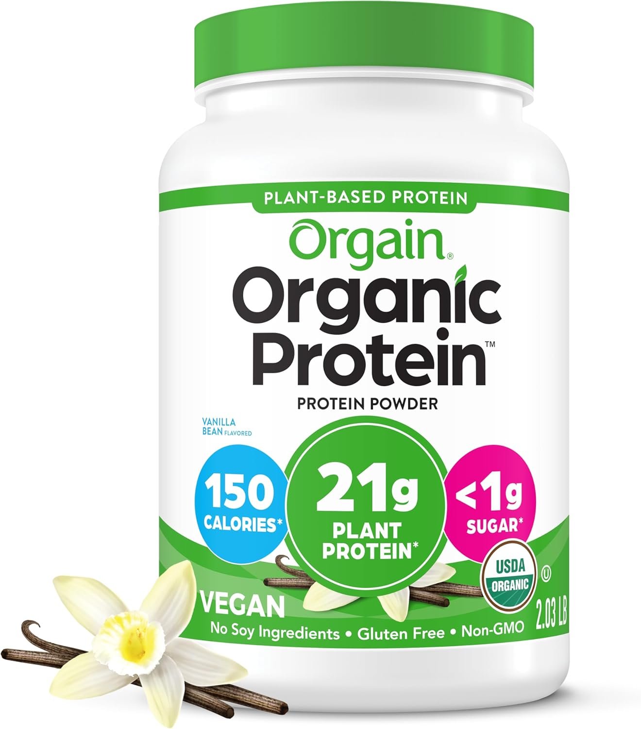 Orgain Organic Vegan Protein Powder, Vanilla Bean – 21g Plant Protein, 6g Prebiotic Fiber, No Lactose Ingredients, No Added Sugar, Non-GMO, For Shakes & Smoothies, 2.03 lb (Packaging May Vary)