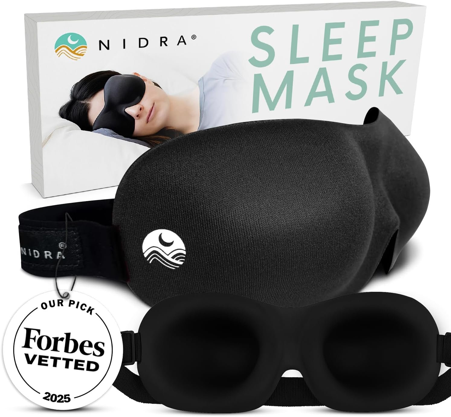 Nidra Contoured Sleep Mask for Side Sleepers – Zero Pressure Fit, Light Blocking Eye Shade for Sleeping & Travel – Black, Standard Size