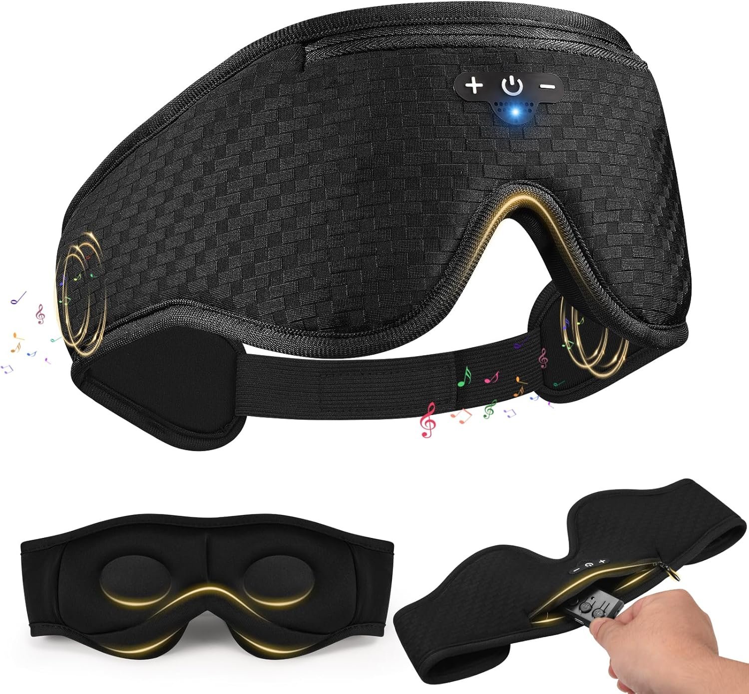 3D Contoured Sleep Mask with Bluetooth Headphones, Adjustable Blackout Sleeping Mask, 1-Hour Timer Sleeping Headphones with Thin Stereo Speakers for Men, Women, Gift – Black