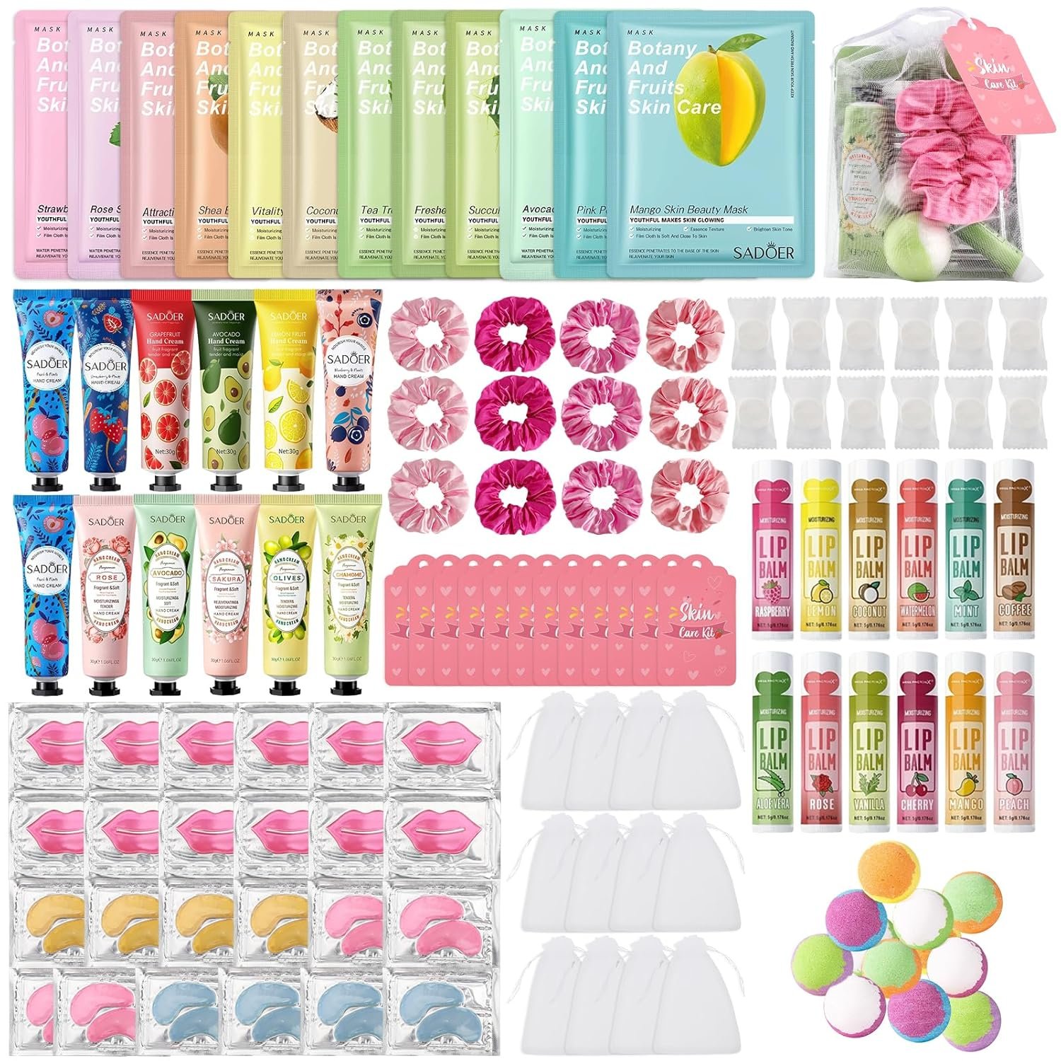 120PCS Spa Party Supplies for Girls, Include Facial Masks, Lip Mask, Under Eye Patches, Lip Balm, Foot Bath Bombs, Hand Cream, Compressed Towel, Hair Band, Sleepover Party Supplies for Girls