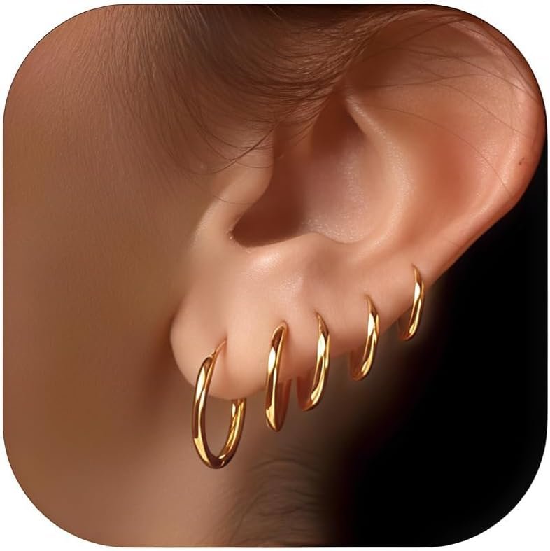 5 Pairs 14K Gold Plated Huggie Hoop Earrings for Women – Lightweight Minimalist Small Hoops, Hypoallergenic Nickel-free Lead-free, Non-Tarnish Everyday Jewelry for Sensitive Ears, Multiple Piercing Stack Set