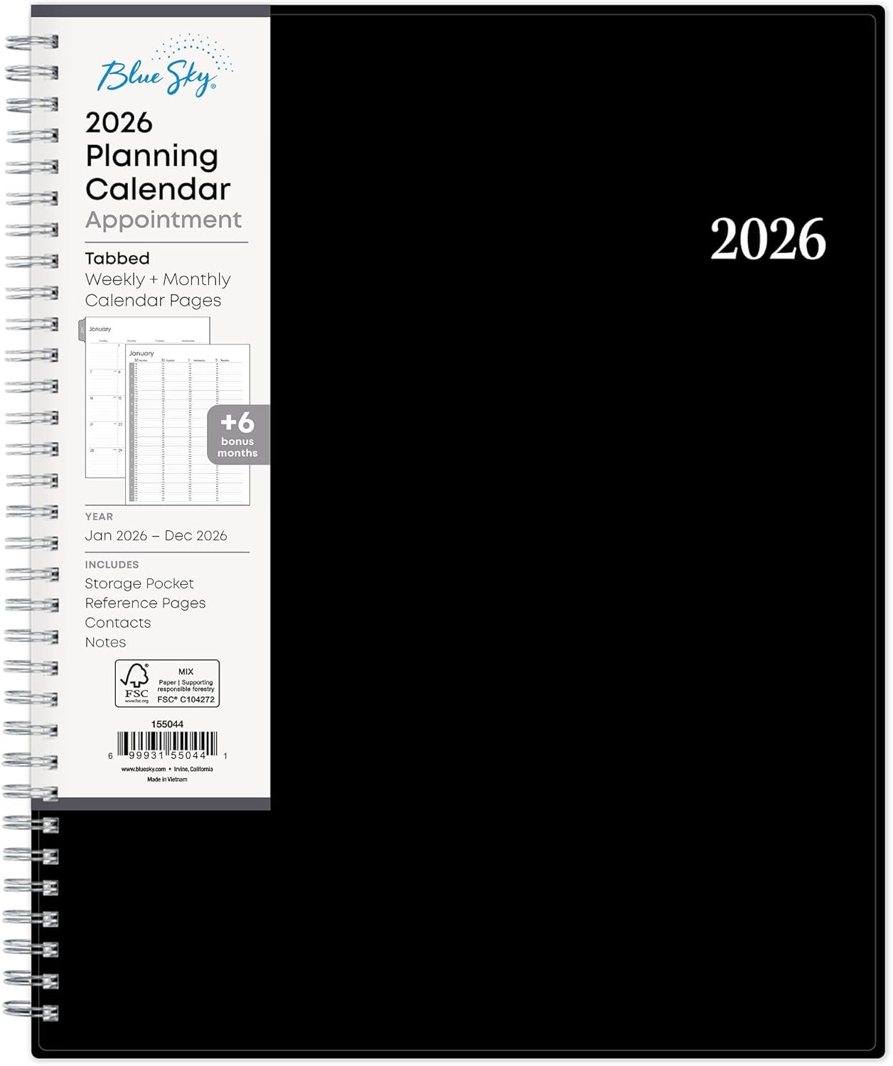 Blue Sky 2026 Weekly and Monthly Appointment Planner Calendar, January 2026 – December 2026, 8.5″ x 11″, With 15-Minute Blocks, Flexible Cover, Wirebound, Laminated Tabs, Storage Pocket, Enterprise