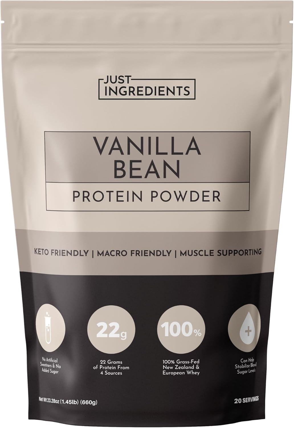 JUST INGREDIENTS Vanilla Bean Protein Powder – 20-Serving Blend with 100% Grass-Fed Whey & Organic Plant Proteins – Real Vanilla Bean & Cinnamon – Supports Muscle Recovery, Energy