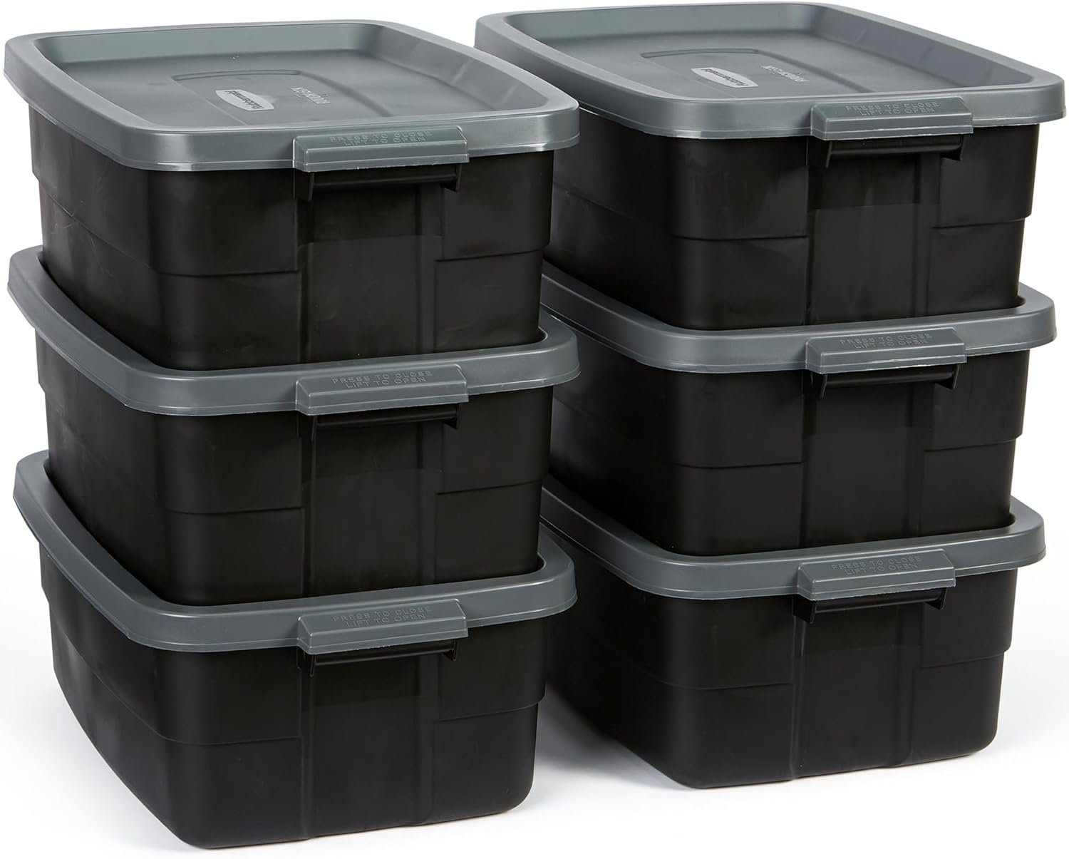Rubbermaid 6-Pack Totes for Storage with Lids, Heavy Duty Plastic Storage Bins with Lids, Black Gray, 10 GAL – Stackable for Garage, Attic, Camping (10 GAL – 6 Pack Solid Black and Grey)