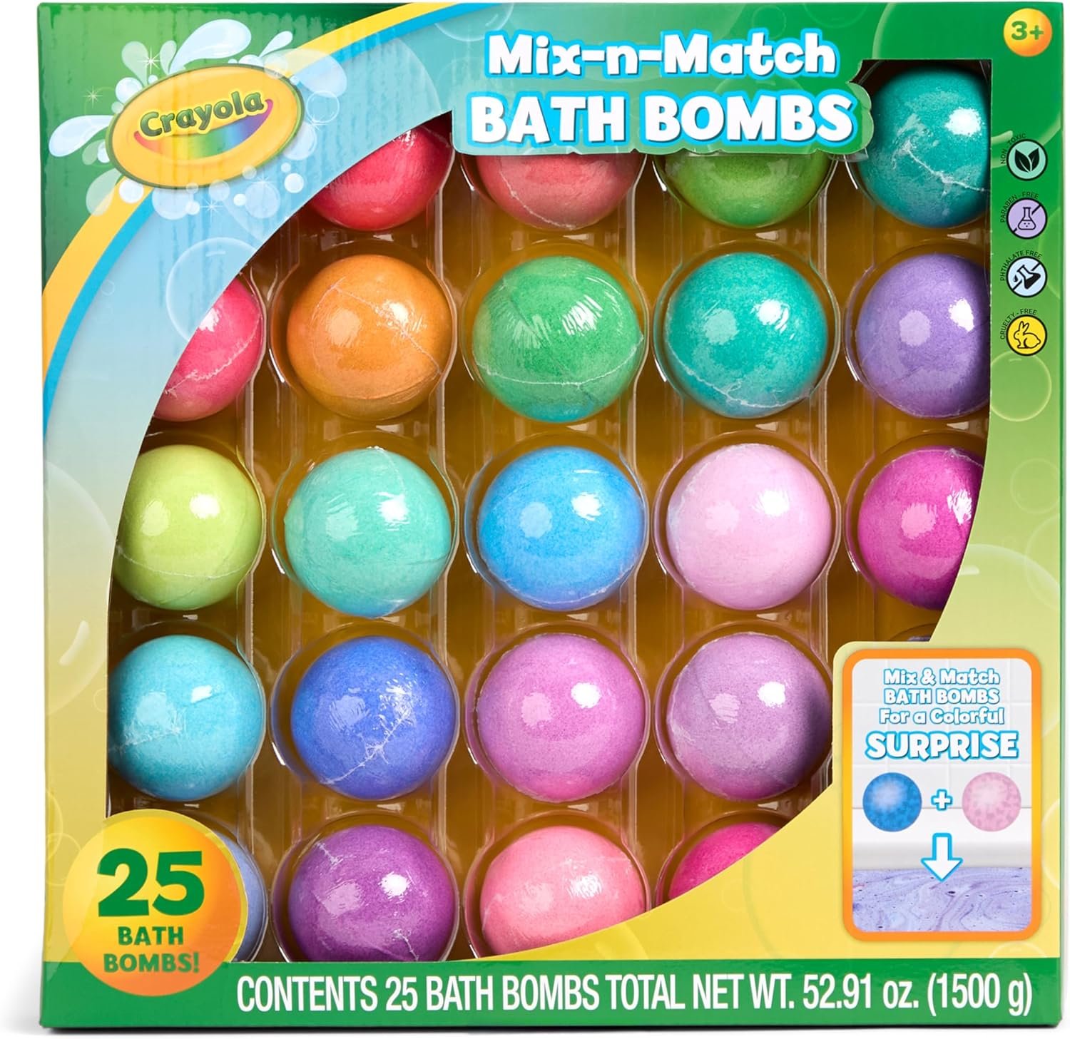 Crayola Color-Twist Bath Bombs 25 Deluxe Pack, Color Changing Bath Bombs in Classic Crayola Colors with Surprise Colored Inside, Color Your Bath Non-Toxic Bathbomb Fizzies for Boys & Girls